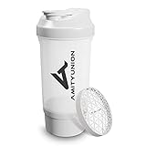 Eiweiß Shaker FYRA 700ml - BPA frei mit Container & Pulverfach, Protein Shaker mit Sieb und Skala für Whey und BCCA Shakes, Fitness Trinkflasche für Smoothie Isolate & Diät Sport Konzentrate in Weiß