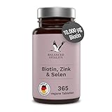 Biotin, Zink & Selen - 10000 µg Biotin, 10 mg Zink-Bisglycinat, 55 µg Selen - 365 vegane Tabletten - Haar-Vitamine im Jahresvorrat - für Haare, Haut & Nägel - ohne Zusatzstoffe - Balanced Vitality