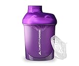 AMITYUNION Protein Shaker Lila Deluxe 400 ml - Eiweiß Shaker auslaufsicher - BPA frei mit Sieb & Skala für Cremige Whey Proteinpulver Shakes - Gym Fitness Becher für Isolate Sport Konzentrate