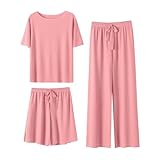 Sommer-Pyjama-Set aus Eisseide für Damen, kurzärmelige Shorts, weite Hose, einfarbig, dreiteiliges Set für zu Hause, kann locker getragen werden Nachthemd S (Pink, One Size)