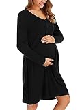 Bresdk Stillnachthemd Damen Geburt Nachthemd mit Knopf Stillfunktion Umstandskleid Schwangere M0015 Schwarz M