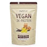 Nutri + Protein Pulver Vegan Vanilla Toffee 1 kg - 80% Eiweiß - 3k Proteinpulver Vanille Karamell - Eiweißpulver Low Sugar - 1000 g Eiweißshake