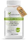plantrition Vitamin D3 K2 Kapseln Vegan 5000 IE + 200mcg Vitamin K2 MK7 Hochdosiertes pflanzliches Vitamin D3 aus Flechten I 90 Kapseln