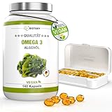 Omega 3 Vegan aus Algenöl 140 Softgel Kapseln | 600 DHA & 300 EPA+ Vitamin E | ca. 3 Monate Vorrat, inklusive Pillenbox | laborgeprüft | hohe Bioverfügbarkeit