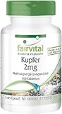 Fairvital | Kupfer Tabletten 2mg - HOCHDOSIERT - Nahrungsergänzungsmittel aus Kupferbisglycinat - Vegan - 100 Tabletten