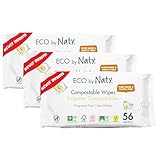 Eco by Naty plastikfreie Baby Feuchttücher unparfümiert - 100 % kompostierbare und pflanzliche Tücher, gut für Babys und die empfindliche Haut von Neugeborenen (3 x 56 | 168 Stück)