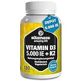 Vitamaze® Vitamin D3 K2 hochdosiert (1+ Jahre) 5000 IE Vitamin D3 + 100 mcg Vitamin K2 MK7 All Trans, 180 Tabletten Vitamin D ohne unnötige Zusatzstoffe, in Deutschland hergestellt