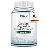 Calcium Magnesium Zink Hochdosiert - 365 Vegetarische Tabletten - 6 Monate - Kalzium Complex mit Vitamin D, Selen, Mangan, Bor & Kupfer - 800mg Calciumcarbonat pro Tagesdosis - Nu U Nutrition