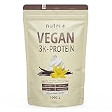 Nutri + Vegan Protein Pulver Vanille 1 kg 83% Eiweiß - 3k Proteinpulver 1000 g - Shake Vanilla Cream Flavor - pflanzliches Eiweißpulver ohne Zucker
