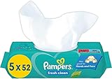 Pampers Fresh Clean Baby Feuchttücher, 260 Tücher (5 x 52) milder Duft, auch für Hände und Gesicht geeignet,52 Stück (5er Pack)