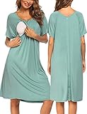 PINSPARK Nachthemd Damen Stillnachthemd Nachtkleid Stillen Geburtskleid Umstandsnachthemd Kurzarm Nachtwäsche Umstands Nachtkleid Schwangerschaft Wassergrün XL