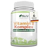 Vitamin B Komplex Hochdosiert - 180 Vegan Tabletten - 6 Monate - Alle 8 B Vitamine in einer Tablette - Vitamine B1, B2, B3, B5, B6, B12, Biotin & Folsäure - Nu U Nutrition