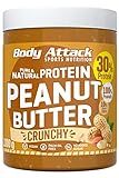 Body Attack Protein Peanut Butter, 1kg, Crunchy, Vegan, Natürliche Erdnussbutter ohne Salz & Palmfett - Low Sugar Erdnussmus mit 30% Protein