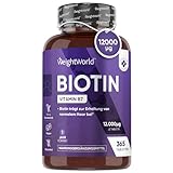 Biotin Tabletten - 12.000mcg reines Biotin für Haarwuchs, Haut & Bartwuchs - 365 vegane Tablets für 1 Jahr Vorrat - Vitamin B7 - D-Biotin (Vitamin H) für Frauen und Männer - Von WeightWorld
