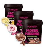 GymQueen Protein Pudding 3x450g Schokolade, Vanille und Himbeer, High-Protein Puddingpulver zum Anrühren, 25g Eiweiß pro Portion, schnelle und einfache Zubereitung