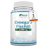 Omega 3 Fischöl 1000mg - 365 Softgelkapseln - Reines Fischöl aus Nachhaltigem Fischfang - 900mg EPA & DHA pro dosiert - Nu U Nutrition