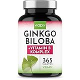 VROODY Ginkgo Biloba Extrakt hochdosiert - mit Vitamin B12 trägt zur Verringerung von Müdigkeit und Ermüdung bei - 365 kleine Tabletten die leicht einzunehmen sind
