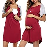 Sykooria Stillnachthemd Damen Kurzarm Stillshirt mit Knopfleiste, Umstandskleid Baumwolle Umstands Nachthemd für Schwangere und Stillzeit