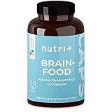 Nutri + Brainfood Konzentrations Tabletten - Brain Booster 50 Kapseln - Gehirn Fokus Leistung Lernhilfe vegan Supplement mit Koffein, Cholin, Ginseng