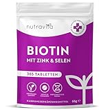 Biotin + Selen + Zink Tabletten für Haut, Haare & Nägel - 365 vegane Tabletten für 1 Jahr - Haar Vitamine für Haarwachstum - Biotin Zink Selen Hochdosiert - Laborgeprüft - Nutravita