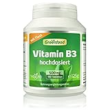 Greenfood Vitamin B3 (Niacin), 500 mg, hochdosiert, 180 Tabletten, vegan – OHNE künstliche Zusätze. Ohne Gentechnik. ACHTUNG: Flush-Effekt