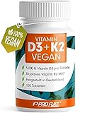 Vitamin D3 K2 VEGAN - 120 Tabletten mit 5000 IE D3 + 200 mcg K2 (MK7) - Vitamin D3 hochdosiert und vegan - reicht für 19 Monate - laborgeprüft mit Zertifikat - ohne unerwünschte Zusatzstoffe