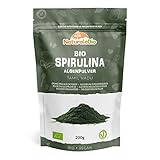 Spirulina Pulver Bio 200g. Natürliches und rohes Spirulina-Algen Pulver. Vegan und rein. In Indien in Tamil Nadu kultiviert. Ideal für Getränke, Smoothies und Rezepte.