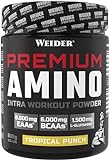 WEIDER Premium Amino Intra Workout Drink mit EAA/ BCAA Aminosäure Komplex hochdosiert, mit L-Glutamin, Elektrolyten und Dextrin für mehr Energie beim Training, Tropical, 800g