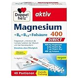 Doppelherz Magnesium 400 + B6 + B12 + Folsäure DIRECT - Magnesium unterstützt die normale Funktion der Muskeln und des Nervensystems - 40 vegane Portionen