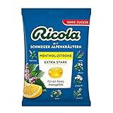 Ricola Menthol Zitrone Extra Stark, Schweizer Kräuterbonbon, 1 x 75g Beutel, ohne Zucker, Für ein freies Atemgefühl
