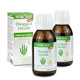 NORSAN Premium Omega 3 Vegan hochdosiert 2er Pack (2x 100ml) / 2000mg , Tagesdosierung/Algenöl reich an EPA & DHA 800 IE Vitamin D3 / 100% veganes Öl nachhaltige Kultivierung